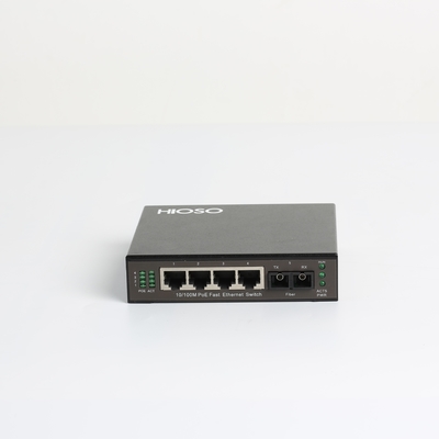 Hioso 5 porti Poe commuta 4 10/100M RJ45 + 1 1000M FX Fiber Uplink Mini Poe Switch